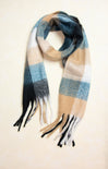 Madison Checker Plaid Scarf, blue and cream, fringe ends, plaid pattern