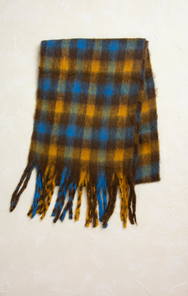 Marlowe Yellow Buffalo Plaid Scarf, yellow, brown, blue, plaid pattern, fringe ends