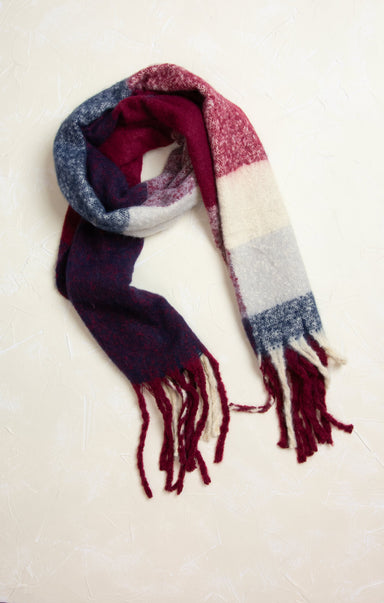 Mila Fading Color Block Scarf, red wine, fringe ends, plaid detail