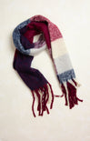 Mila Fading Color Block Scarf, red wine, fringe ends, plaid detail