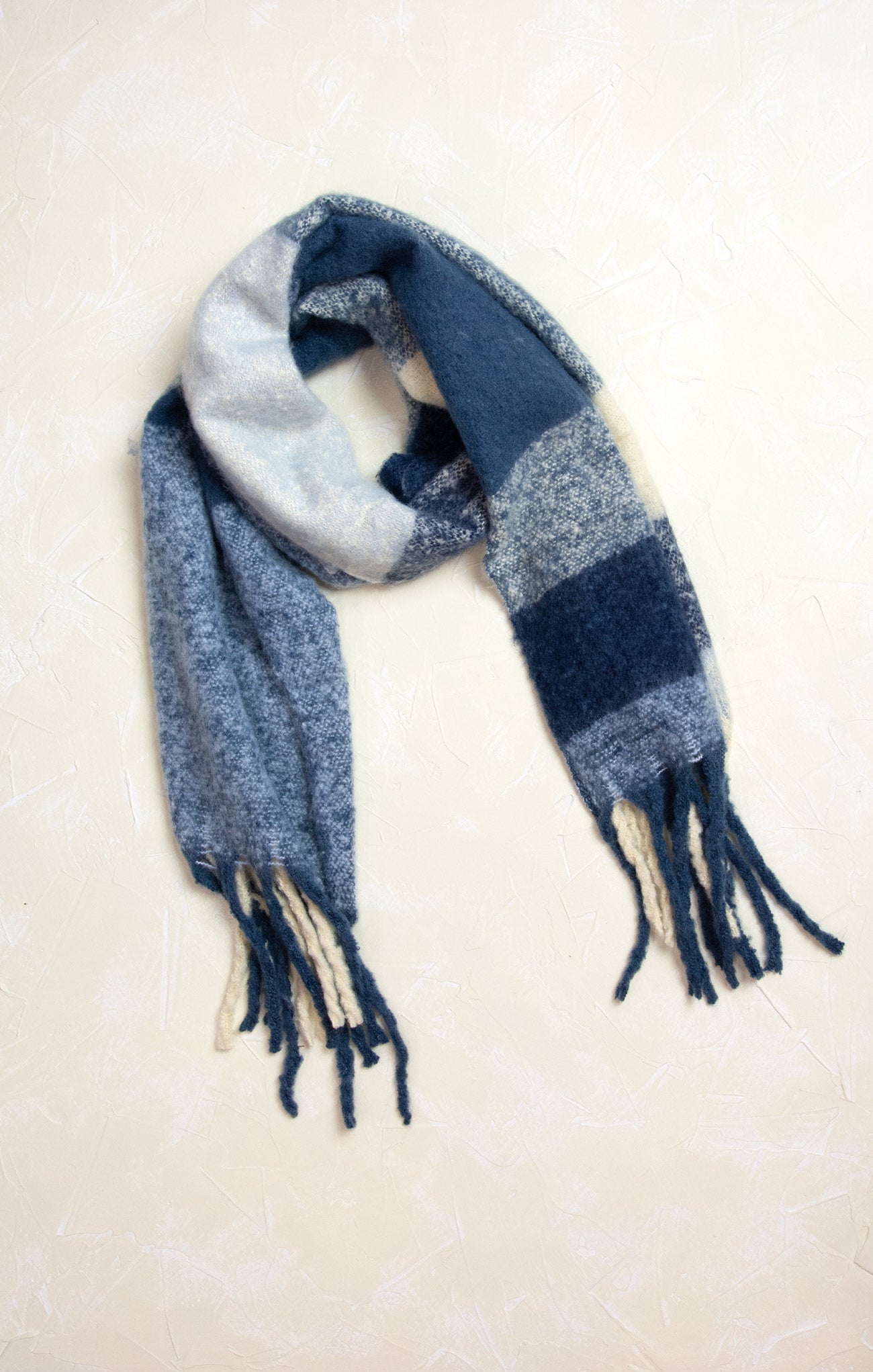 Mila Fading Color Block Scarf, blue and cream, fringe ends, plaid detail