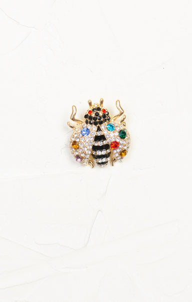 Multicolor Ladybug Brooch, rhinestones, gold hardware