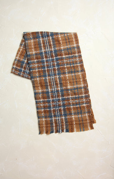 Noa Indigo & Cream Eyelast Fringe Scarf, brown, plaid, blue and white