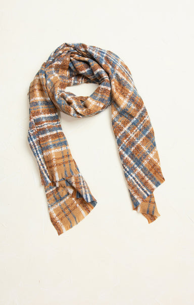 Noa Indigo & Cream Eyelast Fringe Scarf, brown, plaid, blue and white