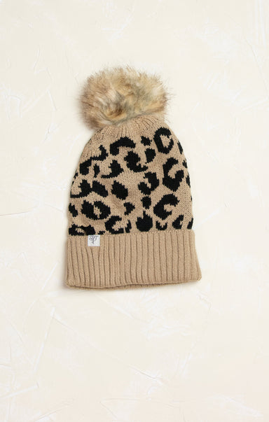 Nora Leopard Lux Beanie, leopard pattern, pom pom, cuffed rim