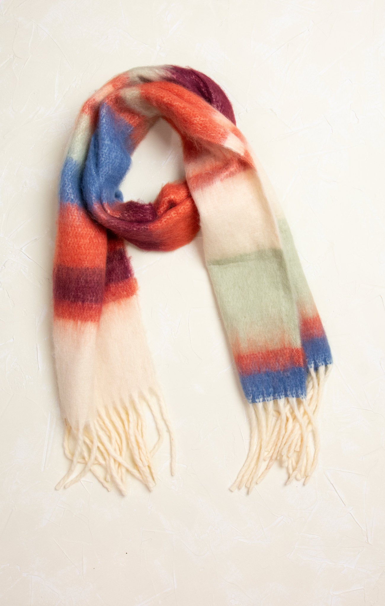 Octavia Color Block Scarf, burnt orange, fringe ends, multi stripe, flat lay