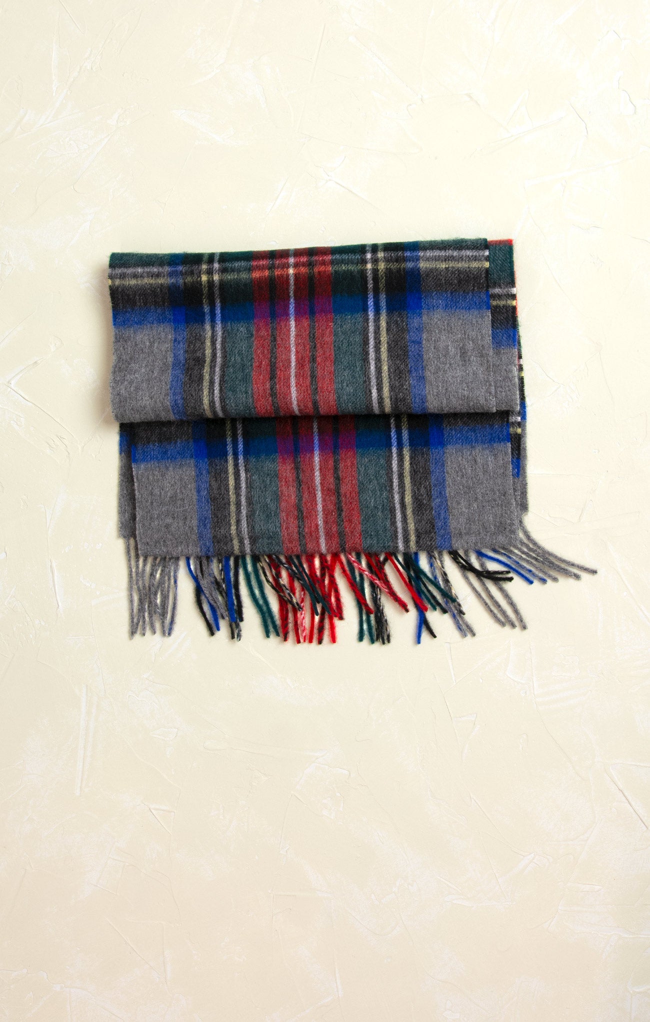 Olivia Red & Grey Wool Plaid Scarf, classic plaid, fringe ends, blue, red, green, grey, flat lay