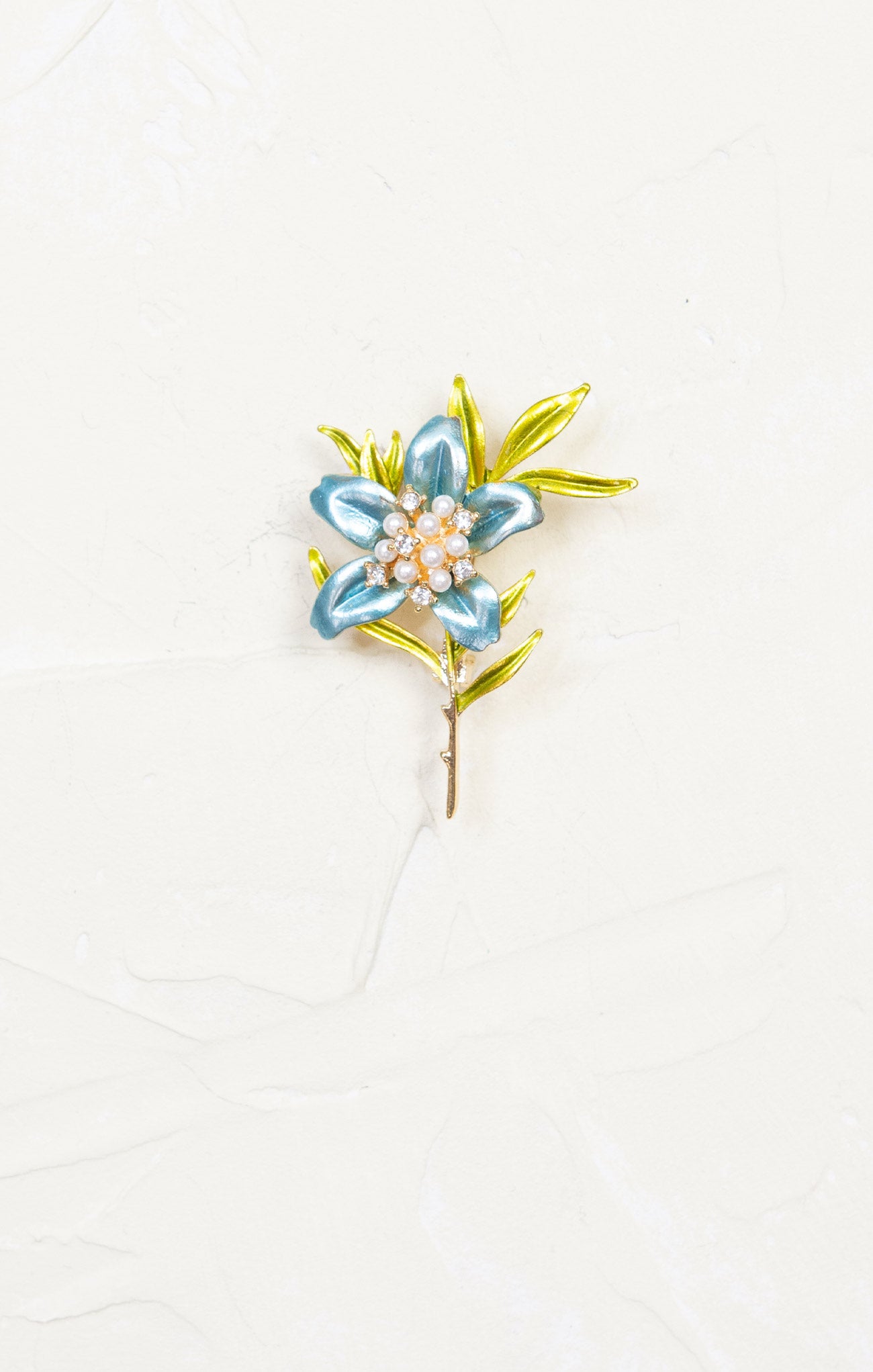 Pearl Flower Brooch, blue and green, pearl accents, gold hardware