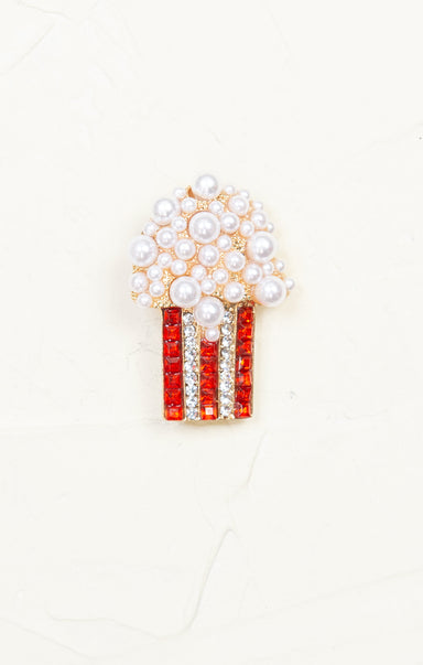 Pearl Popcorn Brooch, red stripe, pearl popcorn 