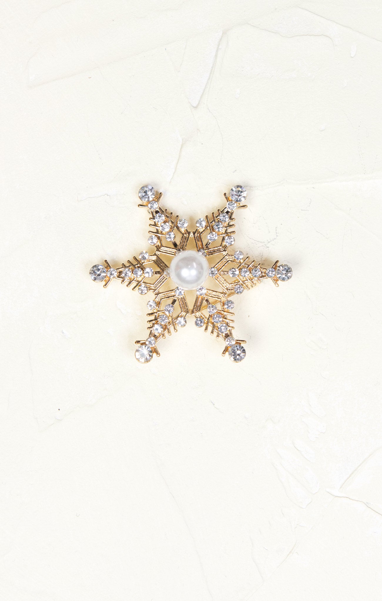 Pearl Snowflake Brooch, gold, pearl and rhinestone 