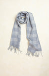 Penelope Grey Tartan Plain Wool Scarf, wool blend, ring ends, blue and white, flat lay