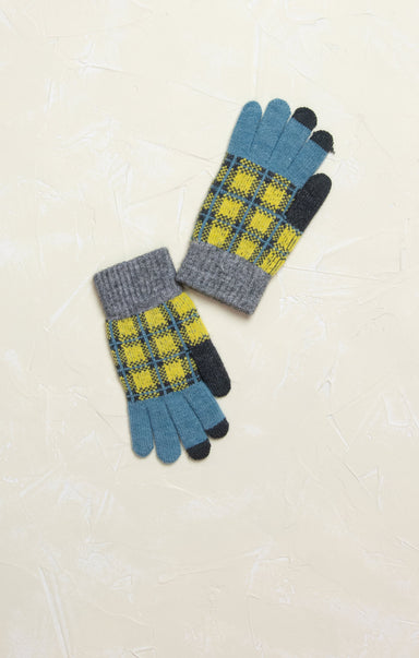 Plaid Knit Gloves, mittens, gloves, plaid pattern, grey cuffs, blue fingers