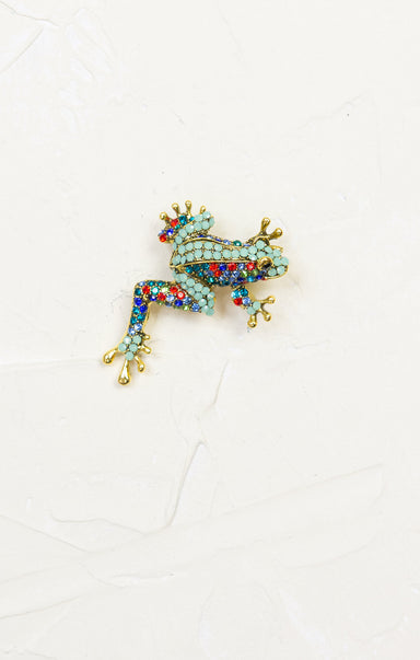 Rainbow Frog Brooch, rhinestone body, gold hardware