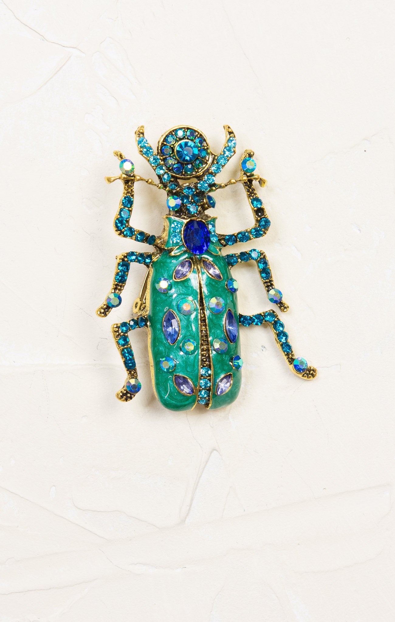 Retro Beetle Brooch, blue, rhinestone body, statement brooch