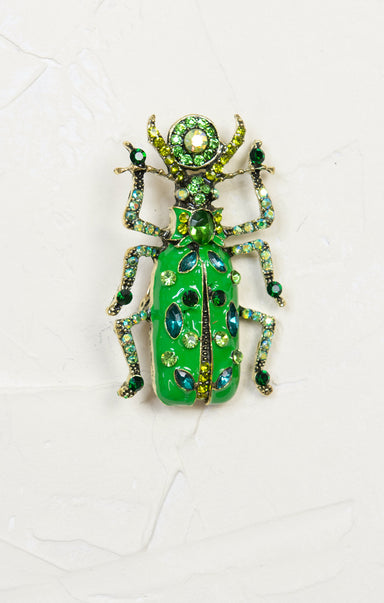 Retro Beetle Brooch, green, rhinestone body, statement brooch