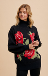 Shop At Grace, Rose Floral Sweater, black, rose pattern, turtleneck, oversized sweater