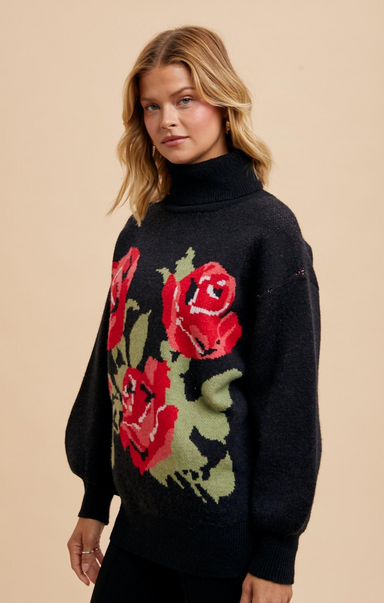 Shop At Grace, Rose Floral Sweater, black, rose pattern, turtleneck, oversized sweater