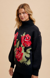 Shop At Grace, Rose Floral Sweater, black, rose pattern, turtleneck, oversized sweater