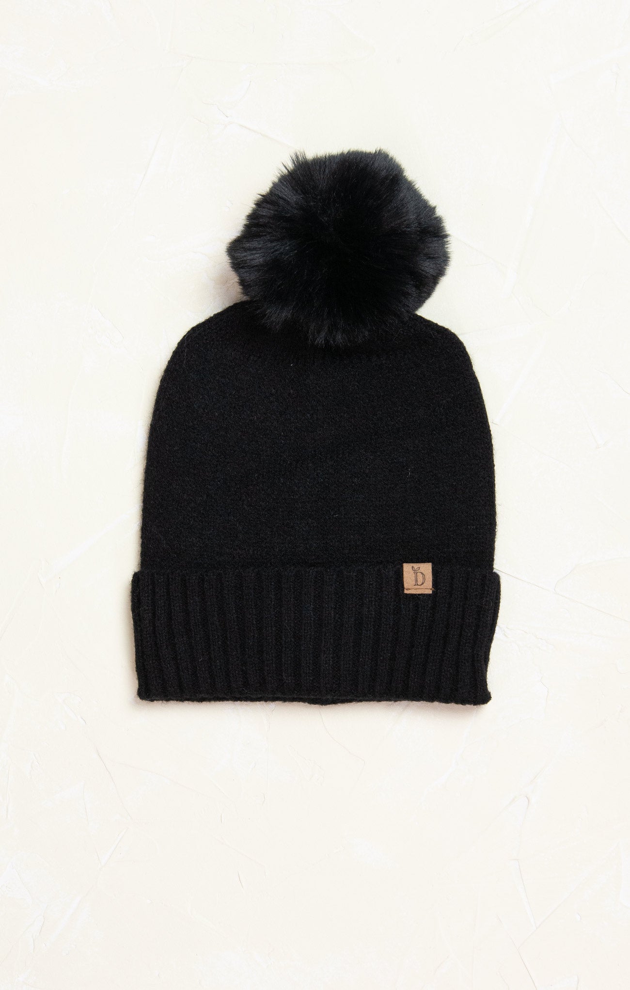 Solid Beanie with Faux Pom, black, ribbed cuff, pom pom, solid