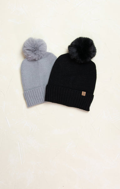 Solid Beanie wth Faux Fur Pom, cover photo, pom pom, two color ways