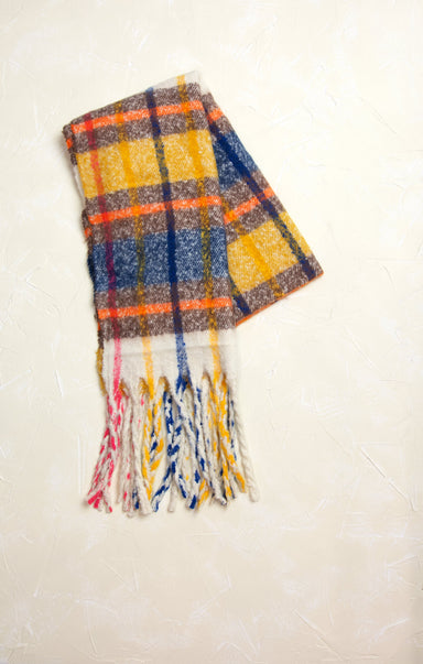 Stella Splash Of Color Chunky Scarf, dash of orange, fringe ends, colorful plaid