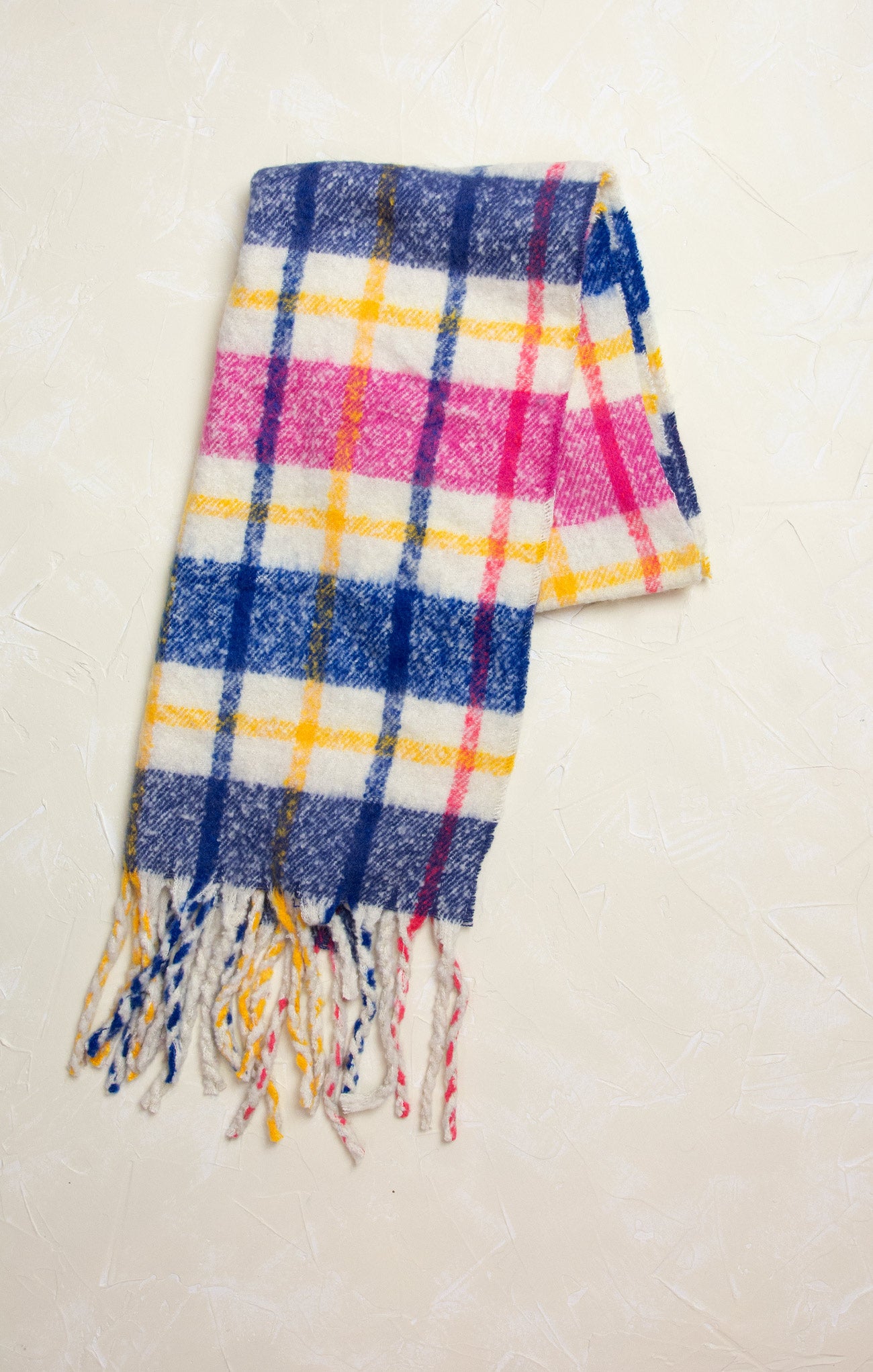 Stella Splash Of Color Chunky Scarf, dash of pink, fringe ends, colorful plaid