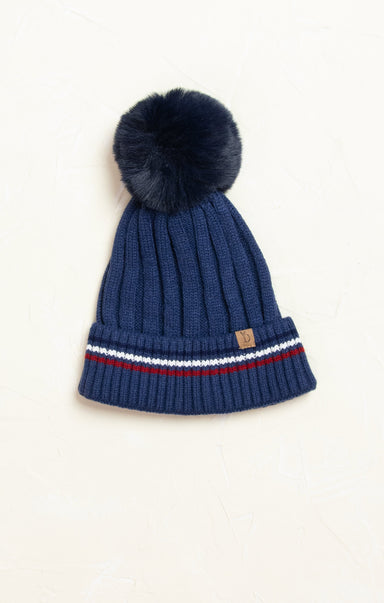 Striped Navy Beanie, pom pom, cuffed rim, red and white stripe, cable knit