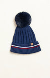 Striped Navy Beanie, pom pom, cuffed rim, red and white stripe, cable knit