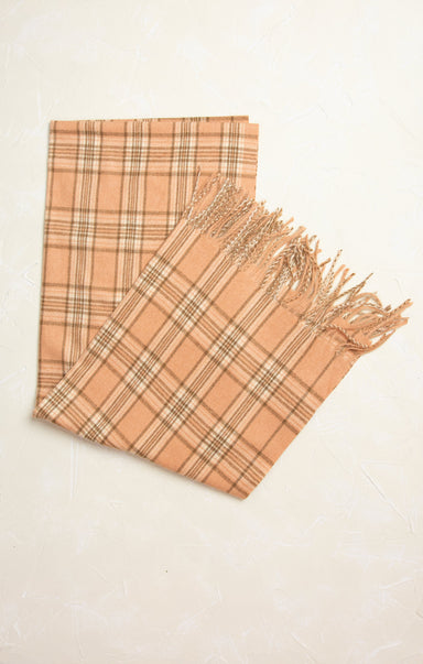 Suri Beige Tartan Plaid Scarf, orange, plaid pattern, fringe ends, flat lay