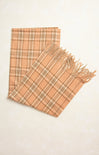 Suri Beige Tartan Plaid Scarf, orange, plaid pattern, fringe ends, flat lay