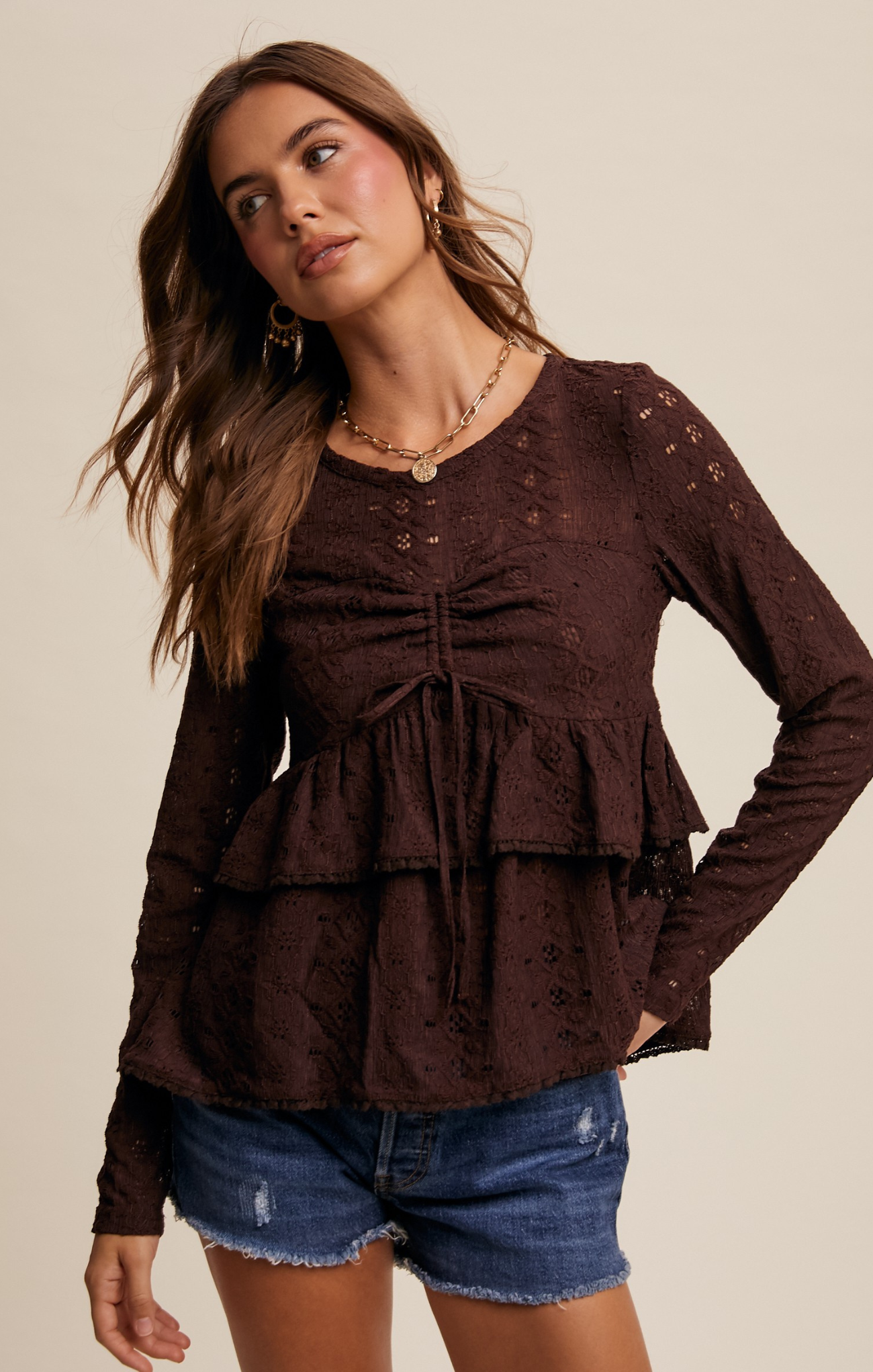 Adley Crochet Top, color mocha, lace top, ruffled bottom, long sleeves