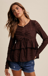 Adley Crochet Top, color mocha, lace top, ruffled bottom, long sleeves