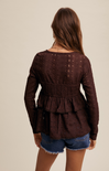 Adley Crochet Top, color mocha, lace top, ruffled bottom, long sleeves