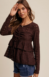 Adley Crochet Top, color mocha, lace top, ruffled bottom, long sleeves