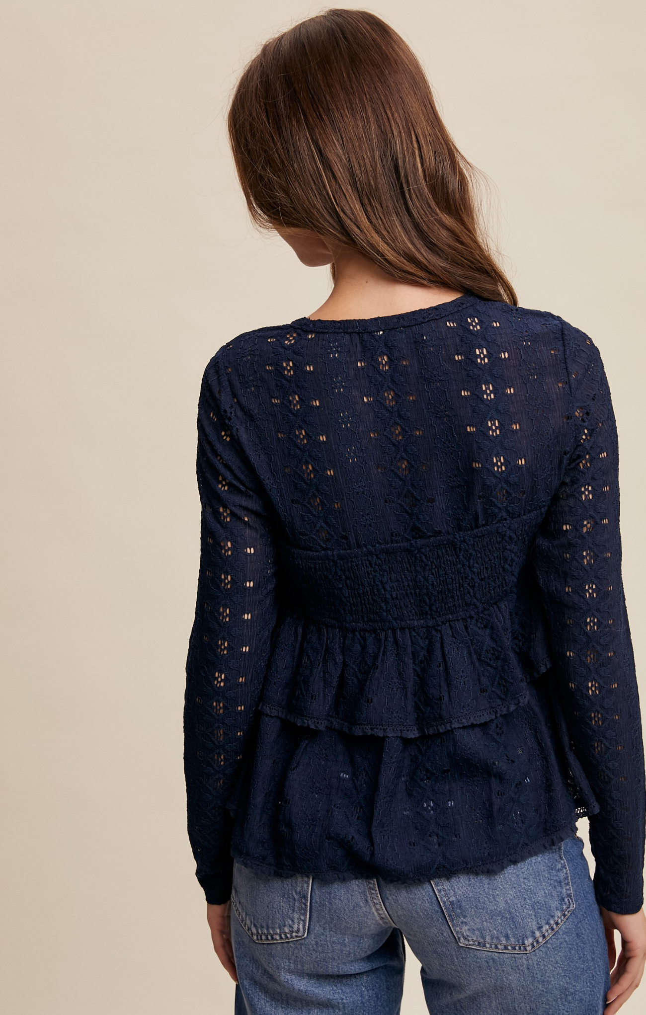 Adley Crochet Top, color navy, lace top, ruffled bottom, long sleeves