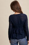 Adley Crochet Top, color navy, lace top, ruffled bottom, long sleeves