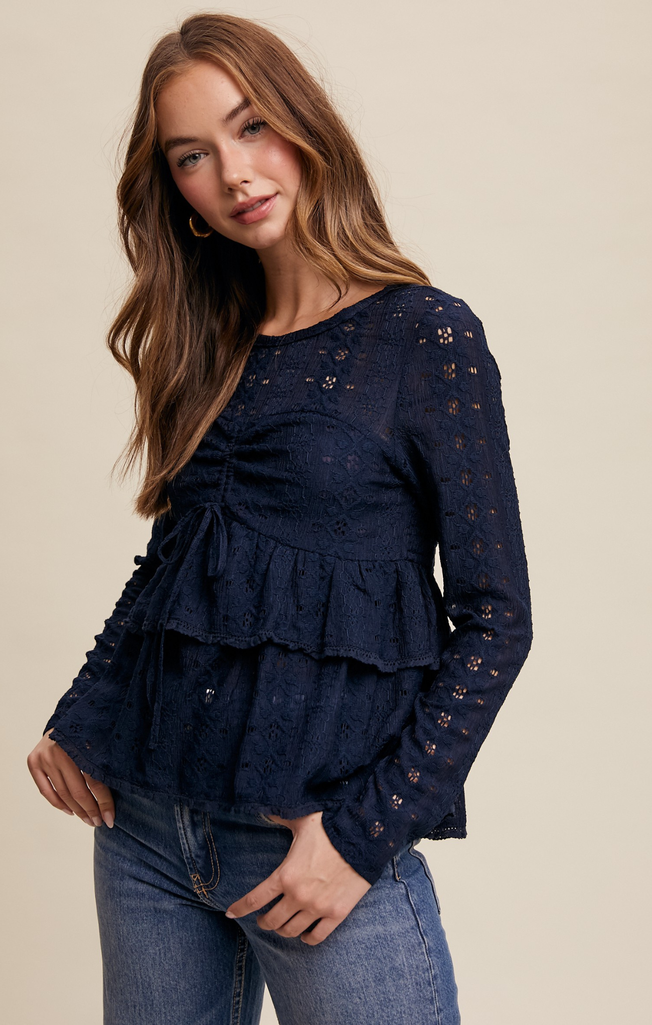 Adley Crochet Top, color navy, lace top, ruffled bottom, long sleeves