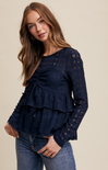 Adley Crochet Top, color navy, lace top, ruffled bottom, long sleeves