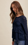 Adley Crochet Top, color navy, lace top, ruffled bottom, long sleeves