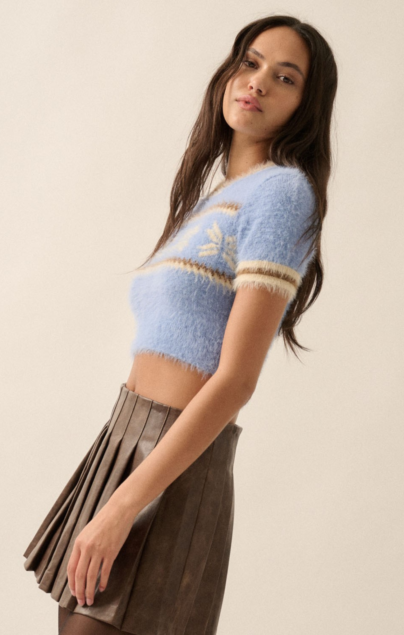 Alpine Fuzzy Cropped Sweater, short sleeves, periwinkle blue, slight crop