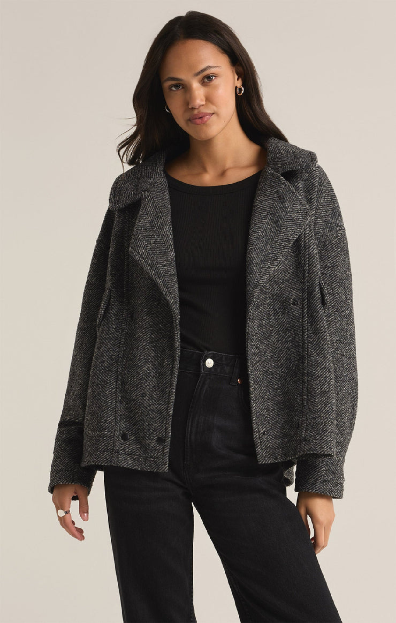 shop-at-grace-ari-herringbone-coat-charcoal, Z-Supply, oversized fit, notch collar, line, button front