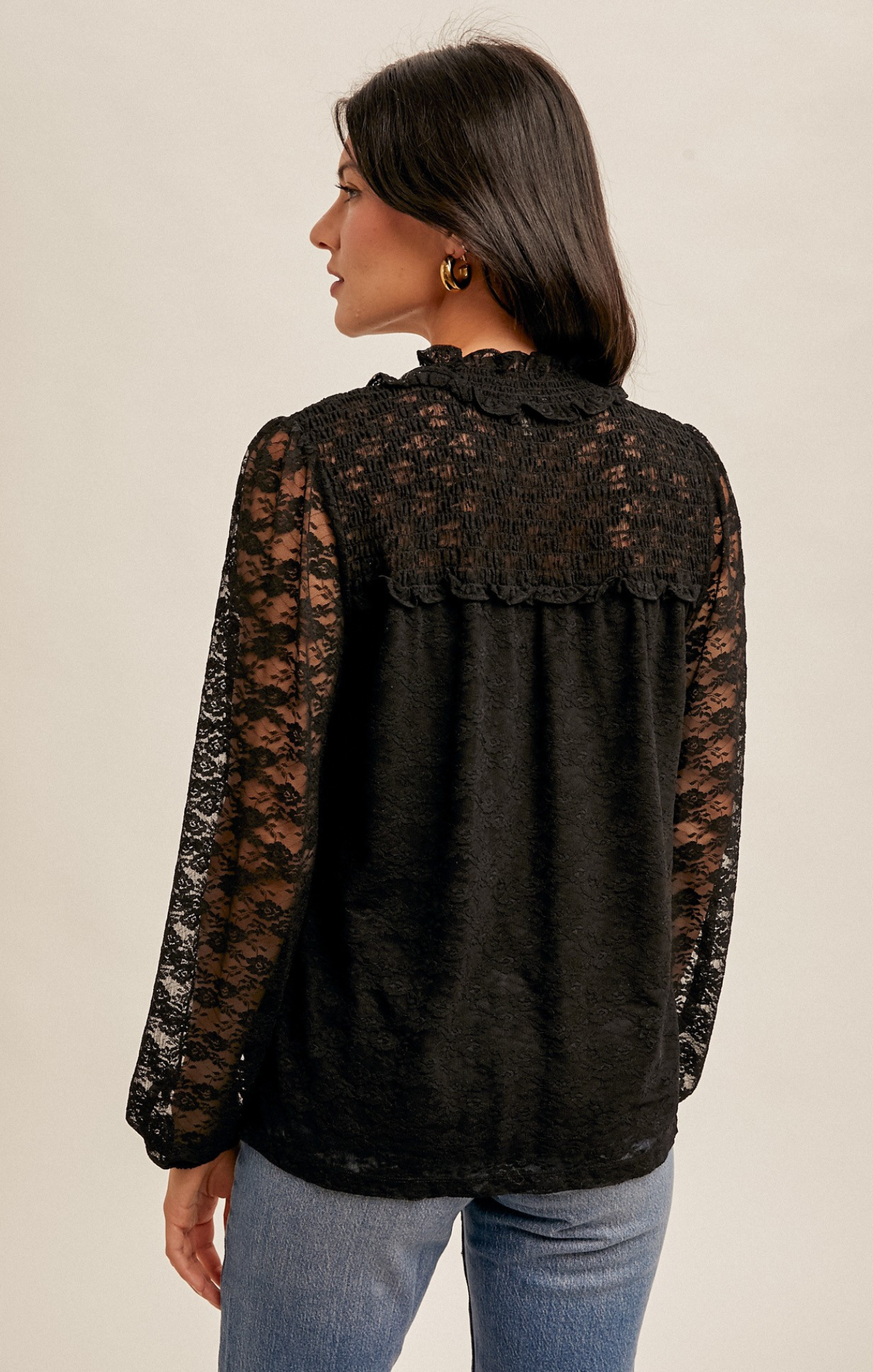 Ashlyn Lace Top, black, lace blouse, long sleeves, tie neck