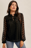 Ashlyn Lace Top, black, lace blouse, long sleeves, tie neck