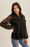 Ashlyn Lace Top, black, lace blouse, long sleeves, tie neck