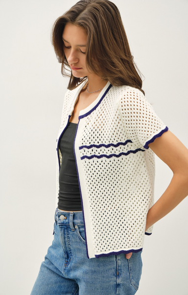 Shop At Grace, Ava Crochet Open Cardigan, navy, short sleeves, navy trim, crochet pattern