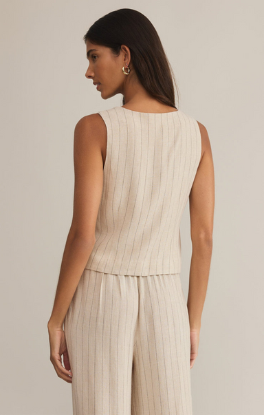 Shop At Grace, Belfort Pinstripe Vest, flax, fitted v-neck, button front 