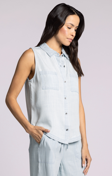 Shop At Grace, Blossom Tank, mia herringbone, collared, button up, sleeveless, front pocket detail