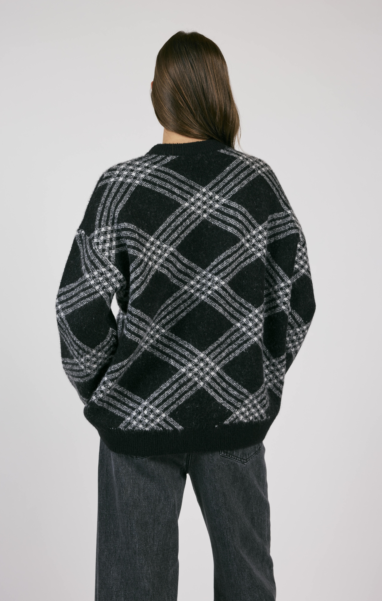 Brooke Plaid Print Sweater, white stitching, long sleeves, plaid pattern, oversized sweater