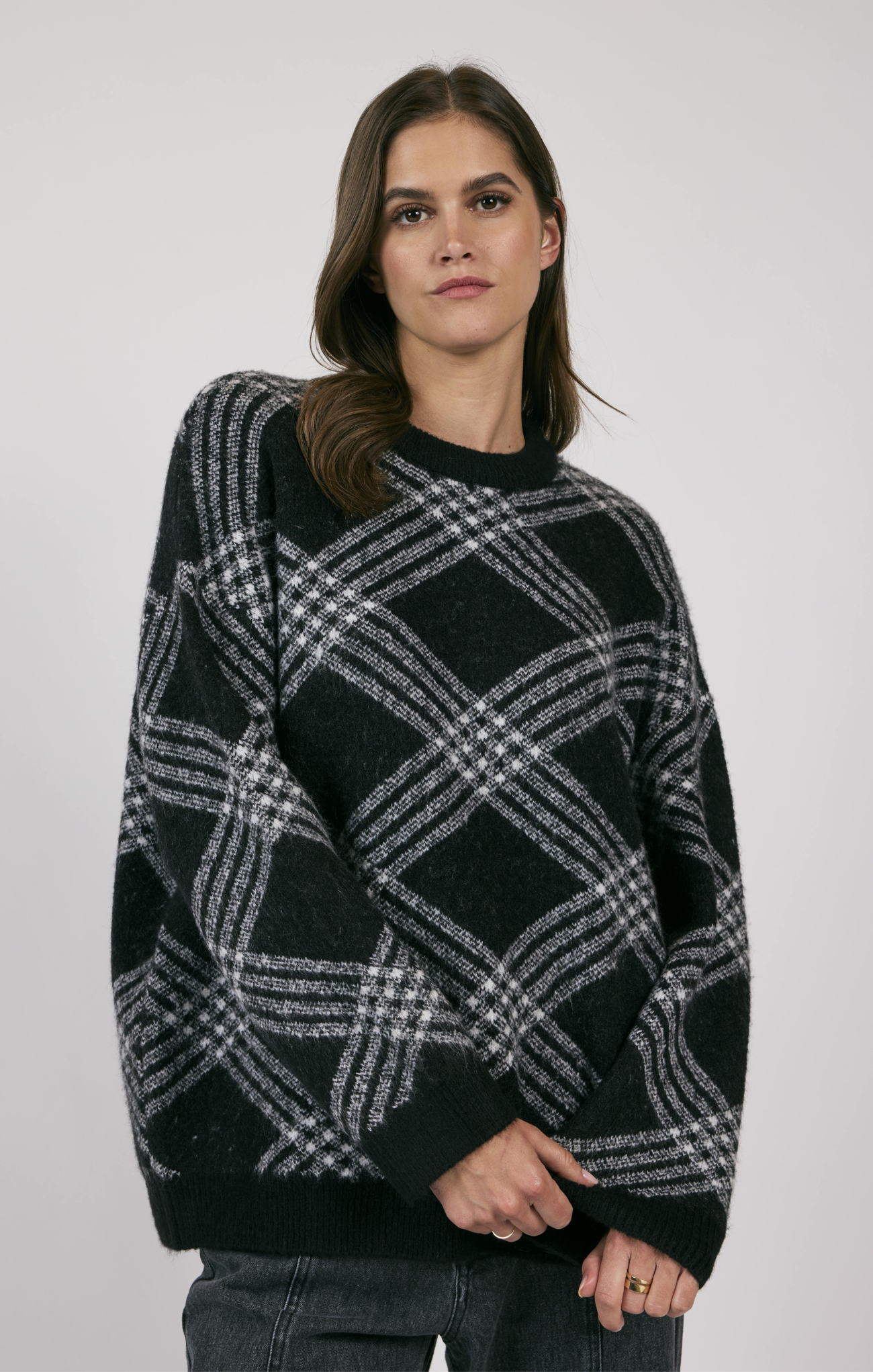 Brooke Plaid Print Sweater, white stitching, long sleeves, plaid pattern, oversized sweater