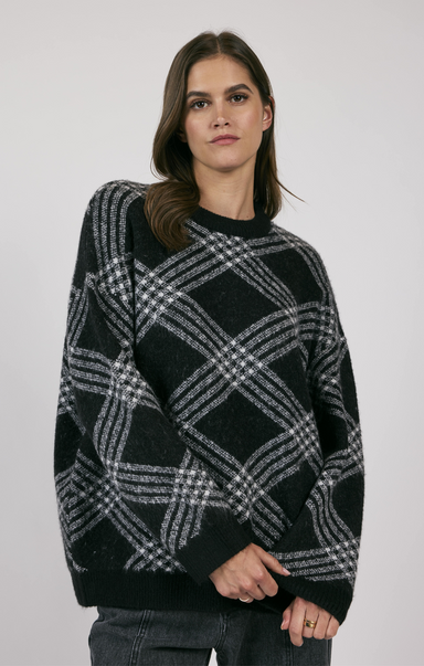 Brooke Plaid Print Sweater, white stitching, long sleeves, plaid pattern, oversized sweater